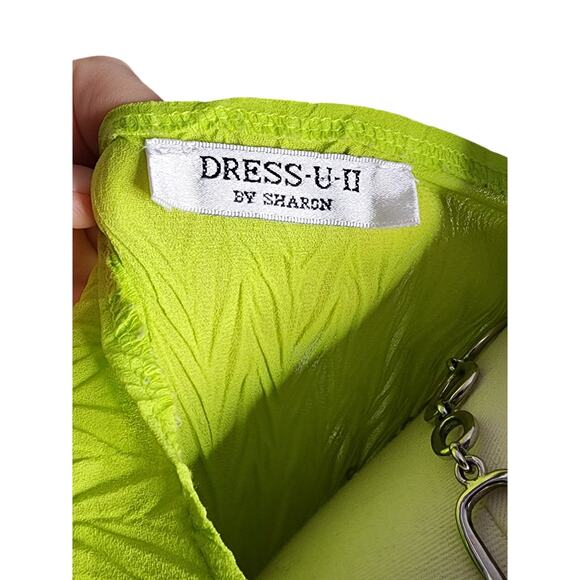 Vtg 90s Y2k Dress U Asymmetric Bright Neon Green Crinkly Bell Sleeve Long Top XL - Picture 7 of 8